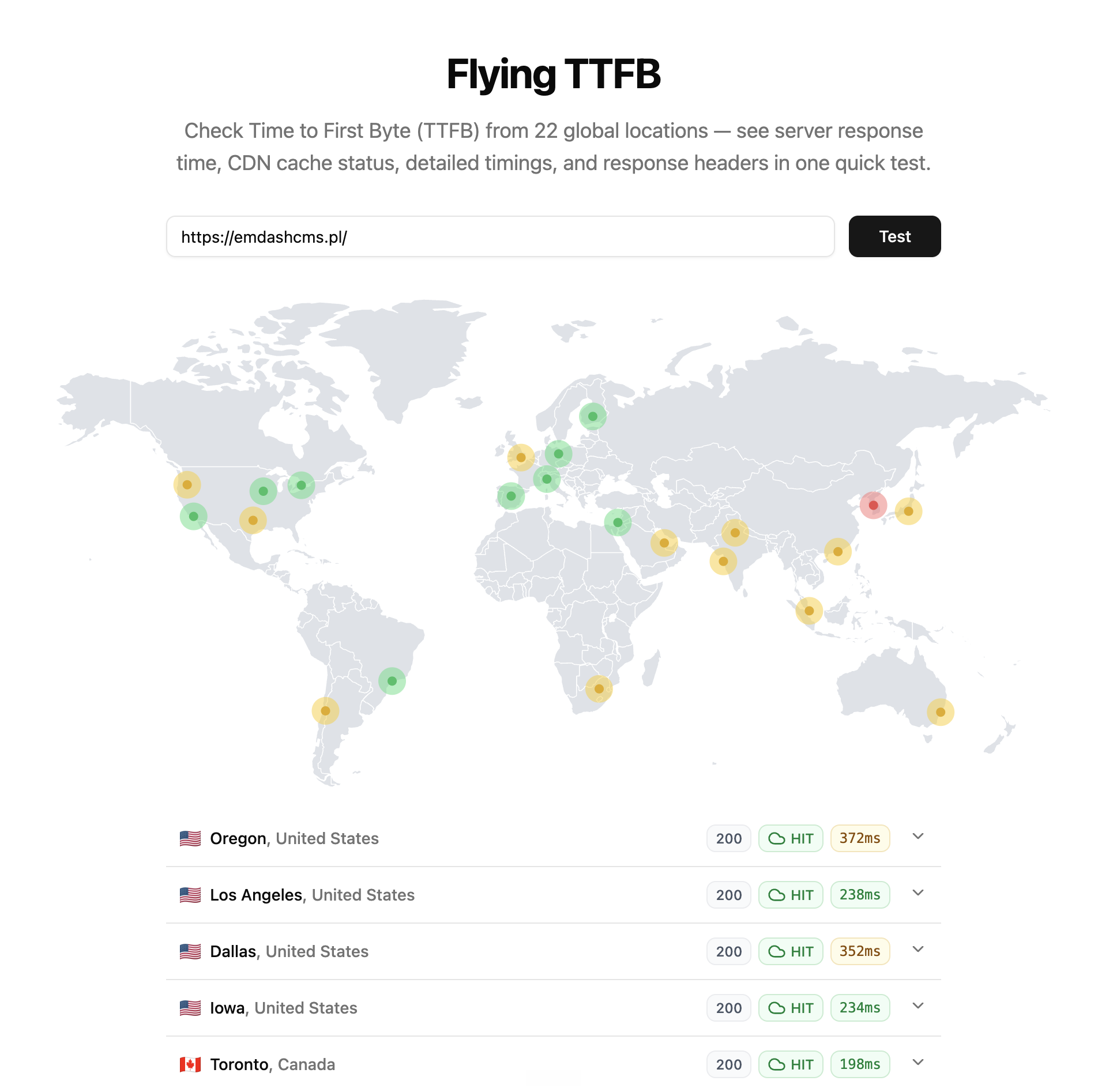 Flying TTFB test of emdashcms.pl from 22 locations, second run: cache hits, first byte 198–372 ms in North America