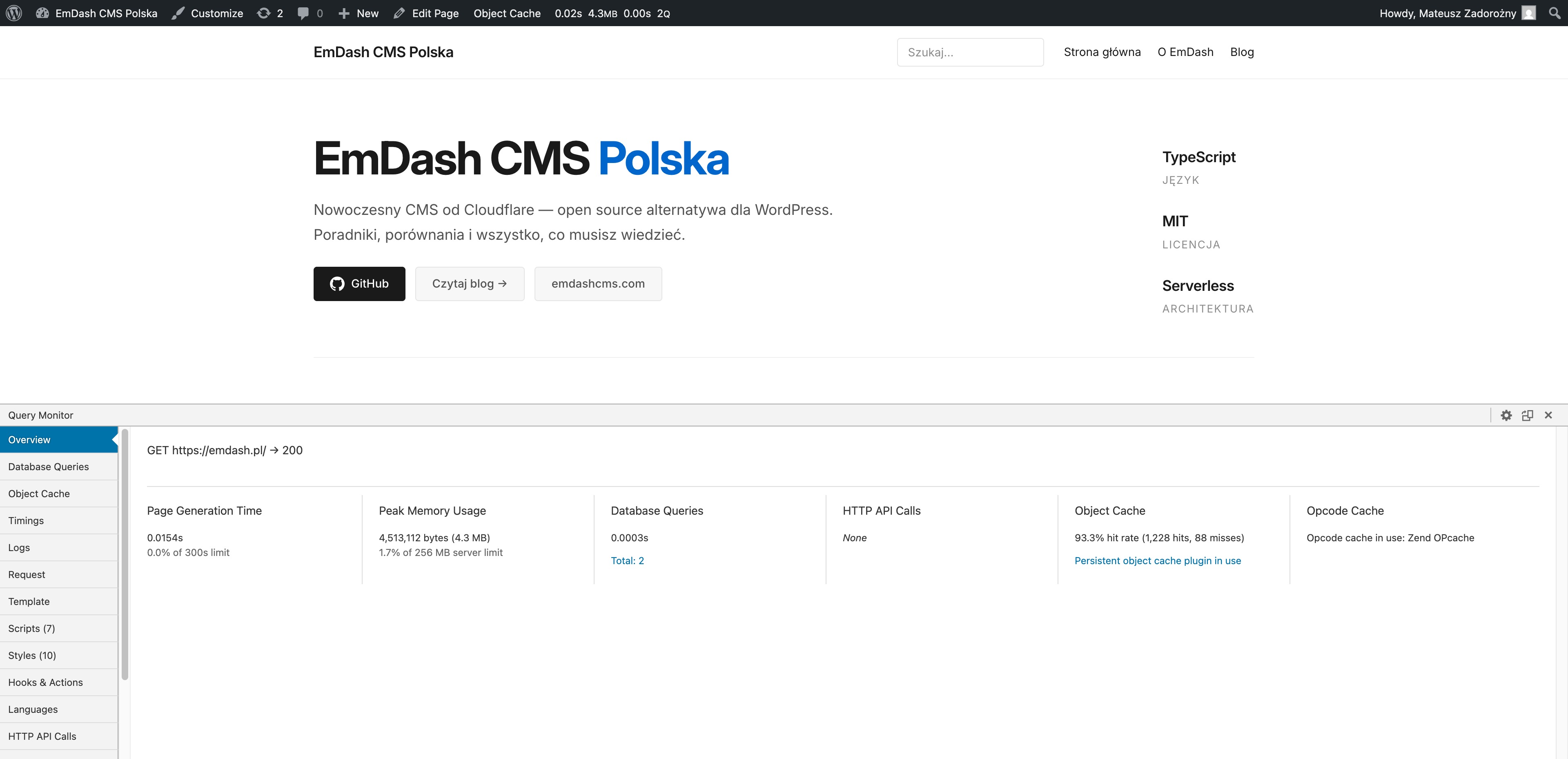 Query Monitor on emdash.pl homepage — 0.0154s page generation, 2 database queries in 0.0003s, 4.3 MB peak memory, Object Cache 93.3% hit rate, Zend OPcache active