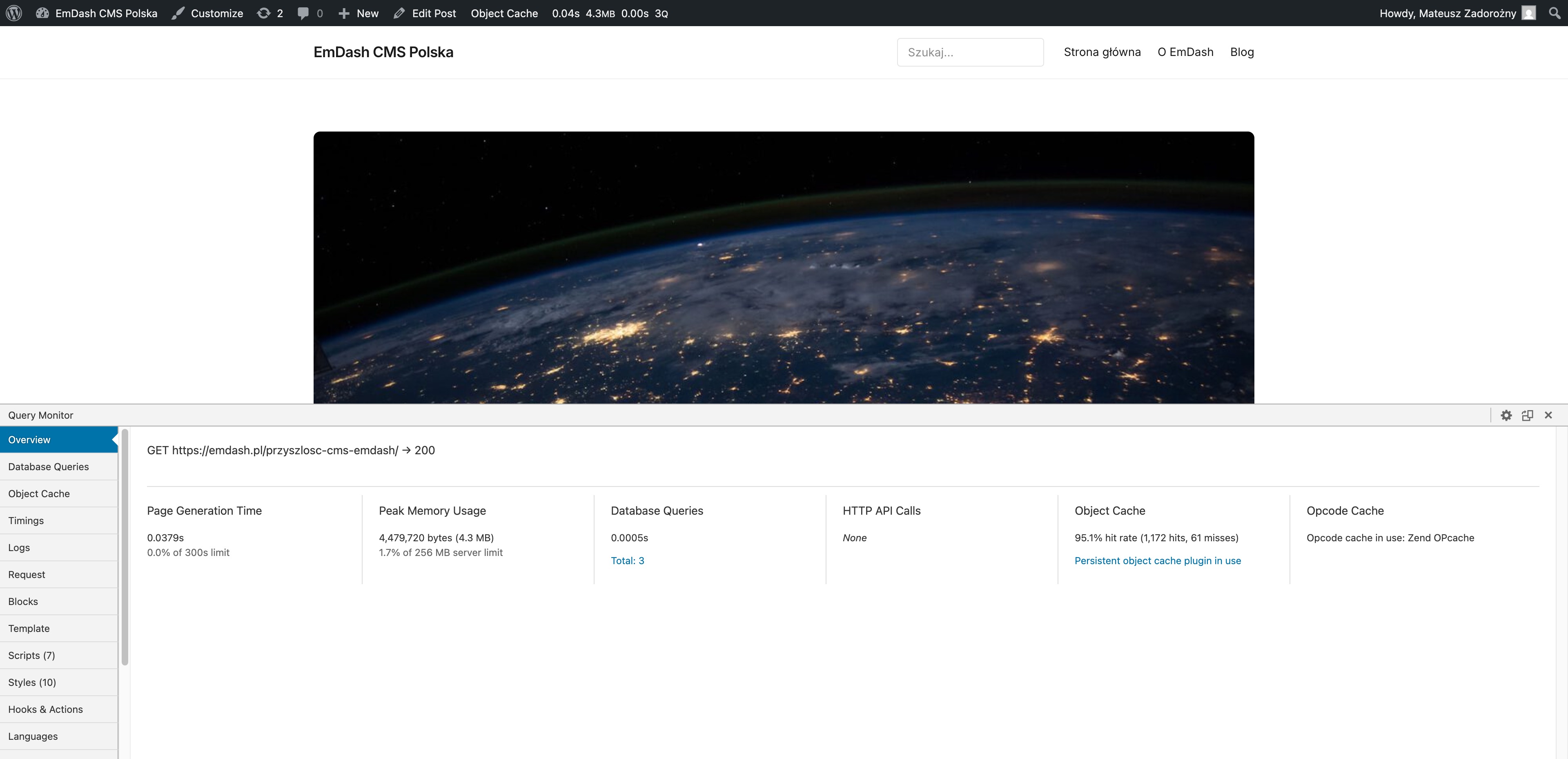 Query Monitor on emdash.pl post page — 0.0379s page generation, 3 database queries in 0.0005s, 4.3 MB peak memory, Object Cache 95.1% hit rate, Zend OPcache active